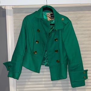 Waist-length Green Pea Coat with Gold Buttons